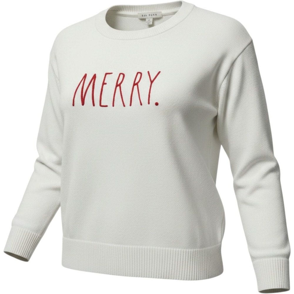 Rae Dunn Merry Christmas Sweater Womens Large White Red Embroidered MERRY